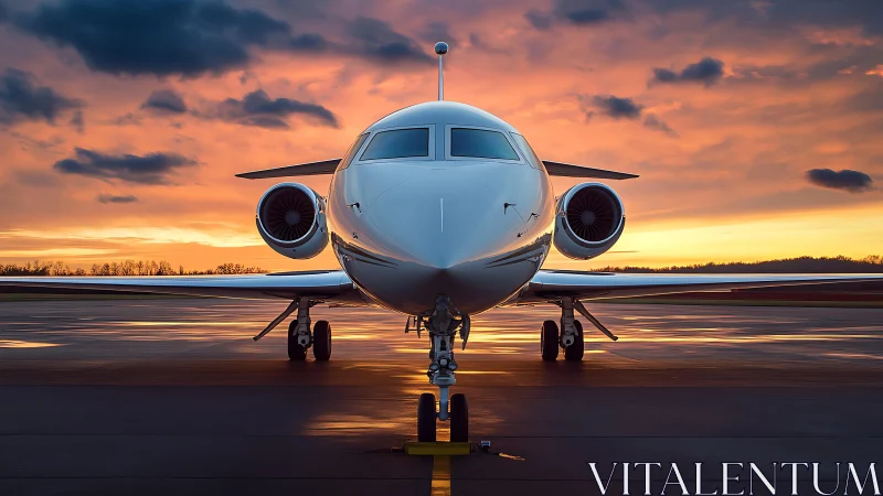 Corporate jet nose-on view at dusk on wet tarmac apron