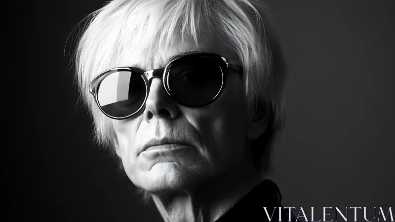 Monochrome portrait of older person in dark sunglasses.