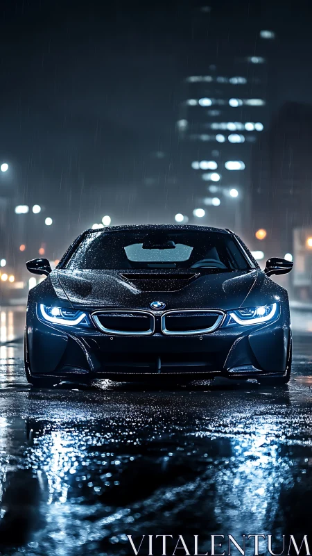 Midnight raindrops crown the electric predator of city streets