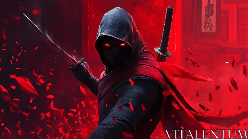 Hooded red-eyed ninja with katana in swirling red petals.