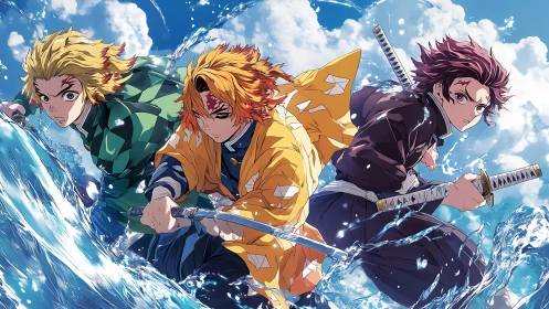 Dynamic trio of anime swordsmen charge through splashing waves