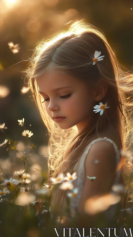 Young Girl in Sunlit Field with Daisy Flowers