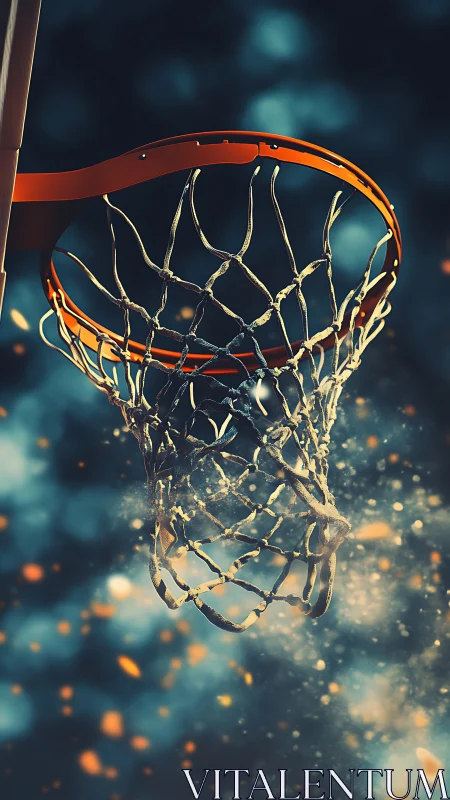 Dynamic basketball rim close-up with particulate motion effects.