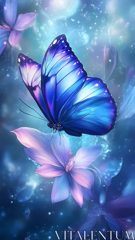 Iridescent blue butterfly hovers above bioluminescent petals