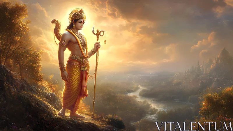 Golden-robed deity overlooking river and distant city.