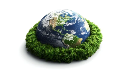 Earth surrounded by dense green foliage ring on white.
