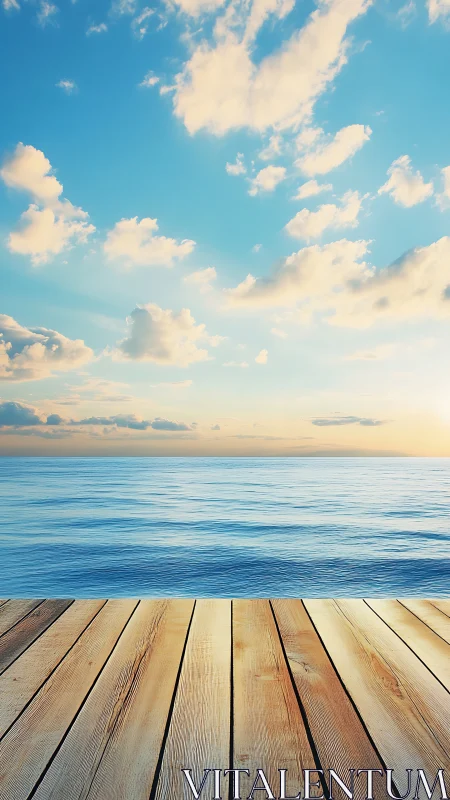 Sunlit wooden pier meets calm blue ocean horizon at dusk.