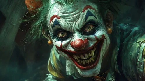 Sinister clown portrait with predatory manic grin.
