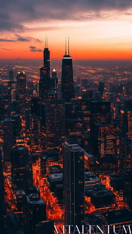 Sunset city skyline with tall towers and glowing streets.