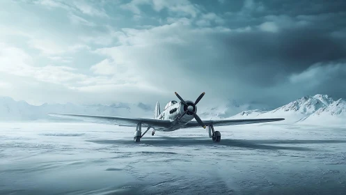 Single propeller fighter aircraft parked on frozen arctic airfield