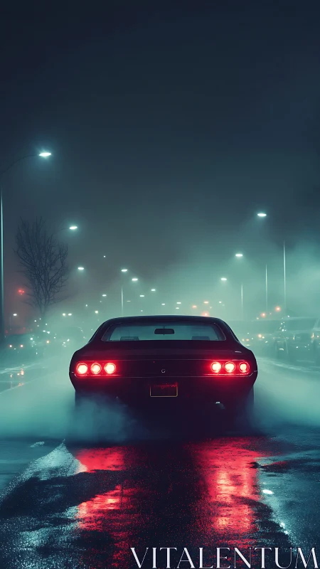 Rear view of car on wet city street in night fog.