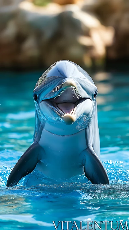 Smiling bottlenose dolphin rises from turquoise pool water