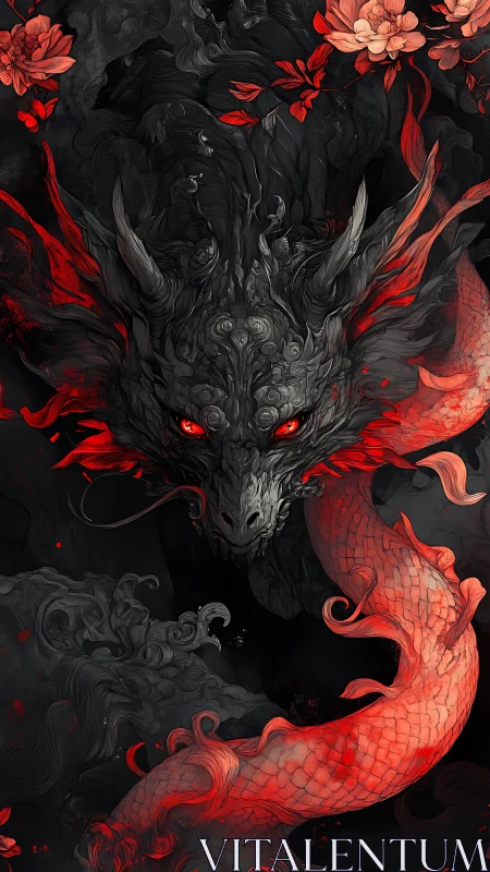 Volumetric red dragon emerges from swirling black smoke and petals