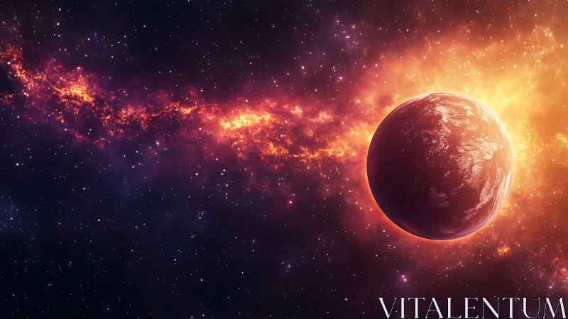 Glowing red planet drifting beside a fiery cosmic nebula.