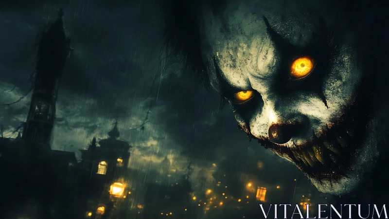Glowing-eyed nightmare clown looming over rainy ghost town.