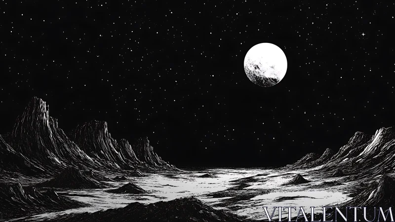 Moonlit rocky alien landscape under dense star field