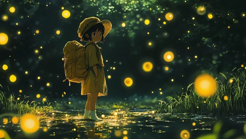 Young explorer surrounded by glowing forest fireflies at dusk.
