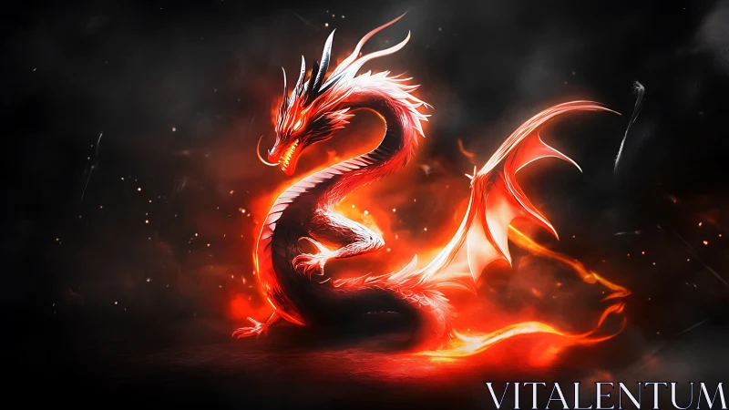 Blazing fire dragon coils in glowing embers and swirling sparks