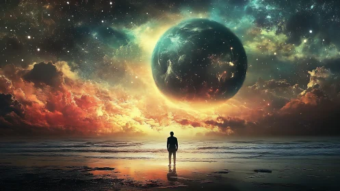 Silhouette stands on reflective shore under massive glowing planet