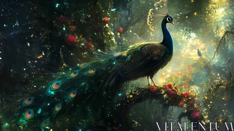 Peacock on forest branch amid glowing foliage and flowers.