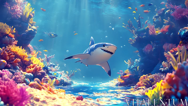Stylized shark glides through luminous coral reef environment