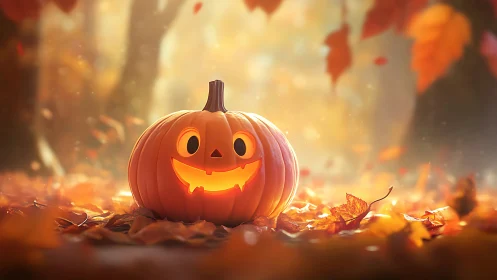 Smiling jack o’lantern glowing in a cozy autumn forest.