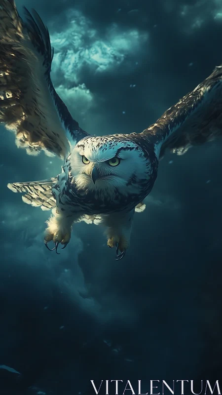 Stormborne owl cuts through midnight clouds with fierce grace.