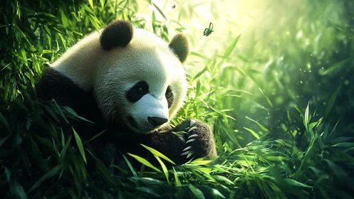 Digital panda portrait in glowing bamboo forest light.