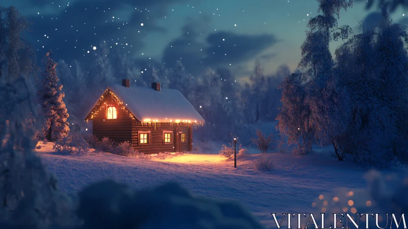 Snow-covered cabin emits warm volumetric light in twilight forest