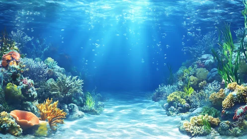 Sunlit coral reef seafloor with varied marine vegetation.