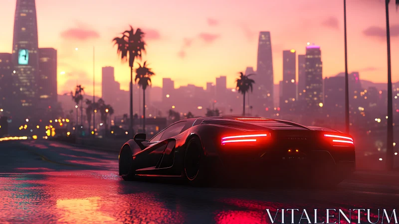 Futuristic supercar on neon sunset city boulevard.
