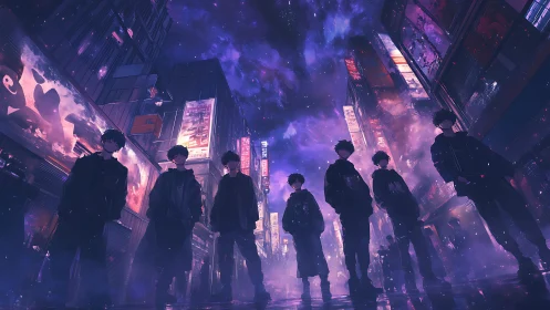 Cyberpunk street collective under neon-saturated night sky.