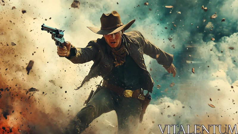 Cowboy gunslinger leaps through exploding dust storm