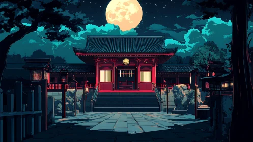 Moonlit traditional temple courtyard under clear night sky.