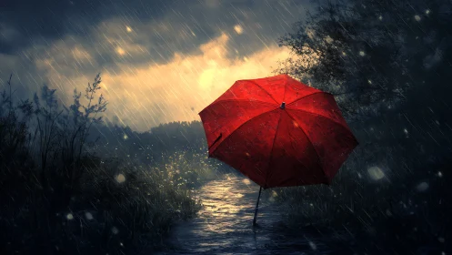 Solitary red umbrella glowing in cinematic twilight rain.