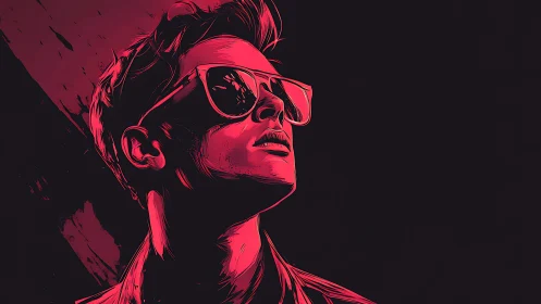 Neon-lit portrait of stylized youth in reflective sunglasses.