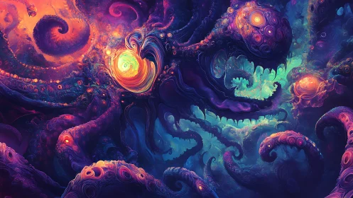 Cosmic bioluminescent leviathan coils through neon abyss