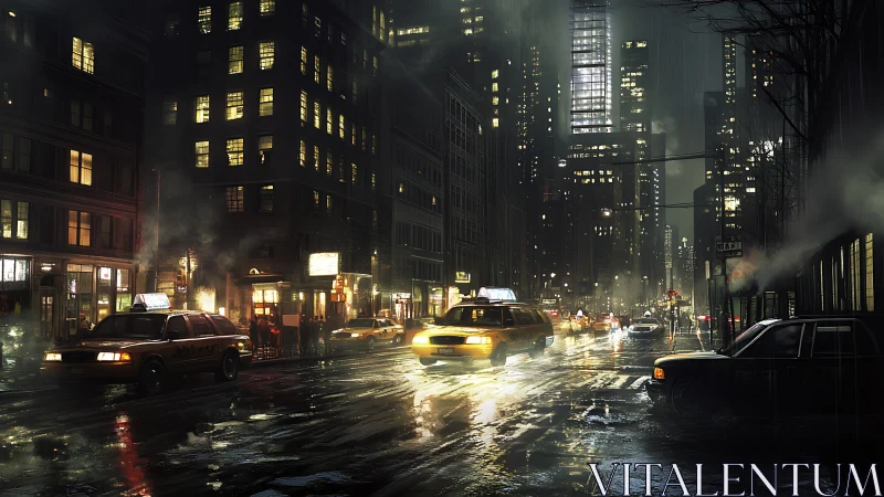 Rain-soaked city avenue with glowing taxi streams at night.