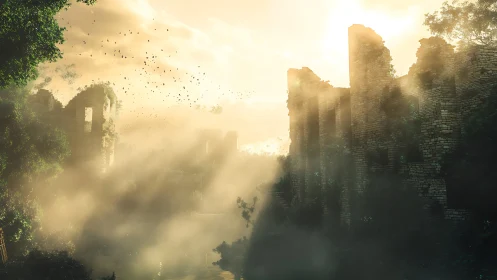 Sunlit stone ruins with dense mist and surrounding foliage.