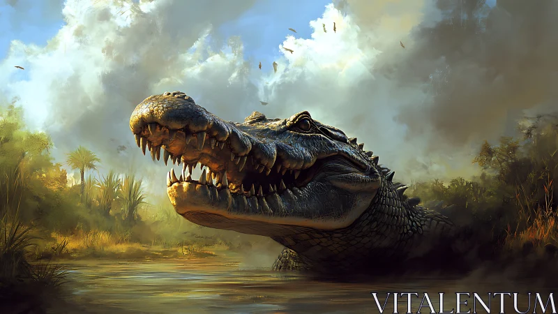 Primeval crocodile lunges from misted river shallows.