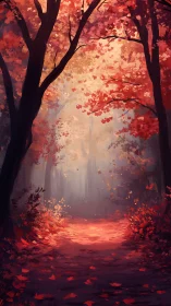 Luminous Autumn Forest: Misty Path Through Fiery Foliage