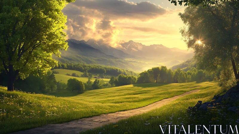 Backlit mountain valley rendered with high-dynamic-range sunset light