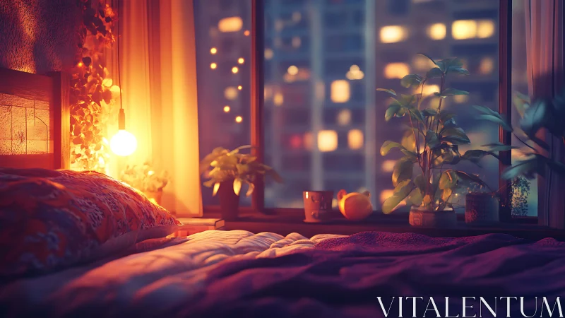 Bedroom window bench holds plants, bedding and city lights