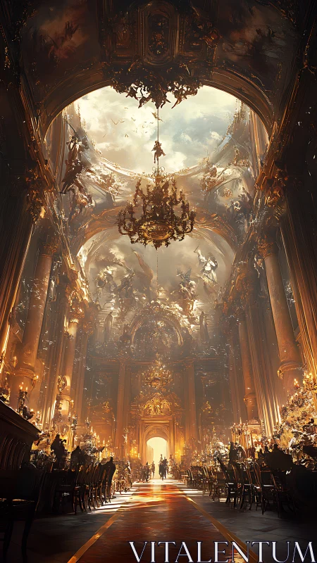 Vaulted starlight floods a gilded banquet in celestial hall