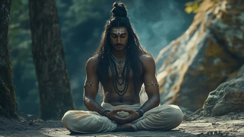 Meditating ascetic in forest clearing under cinematic soft light