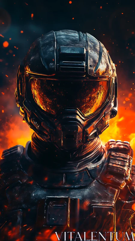 Armored sci fi soldier stands in blazing battlefield inferno