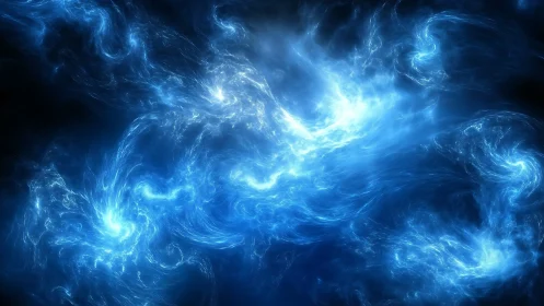 Blue plasma formations extend across a dark digital field