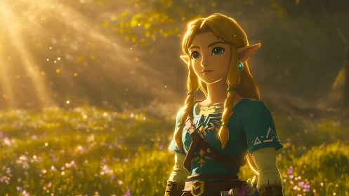 Elf warrior stands in sunlit forest meadow, quietly resolute