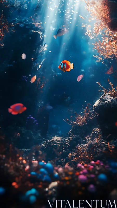 Sunlit clownfish drifts through a jeweled cathedral reef