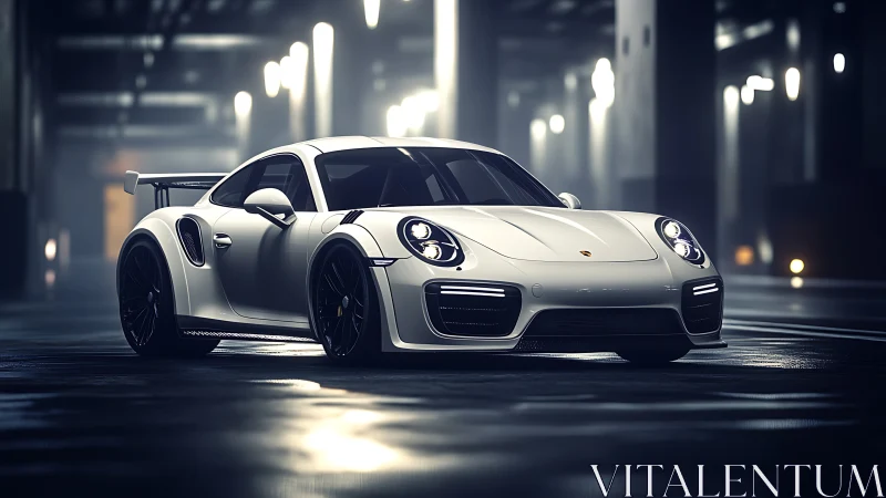 White performance coupe in cinematic low key studio light.